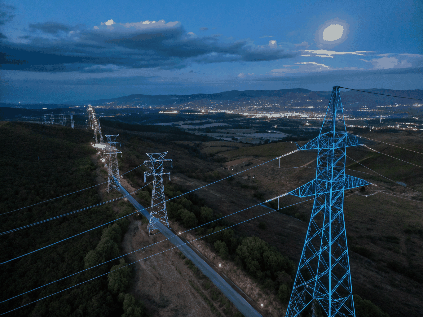 Modern electrical grid distribution infrastructure with glowing nodes
