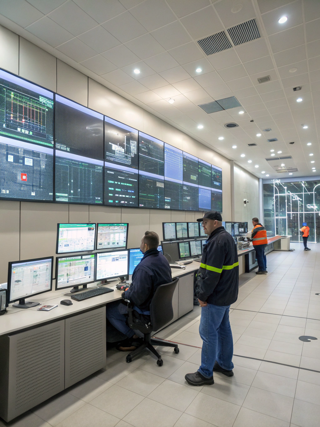 Engineers reviewing grid infrastructure data on a digital dashboard